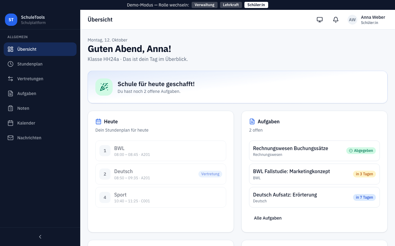 Screenshot der SchuleTools-Übersicht für Schüler:innen mit Stundenplan für heute und offenen Aufgaben